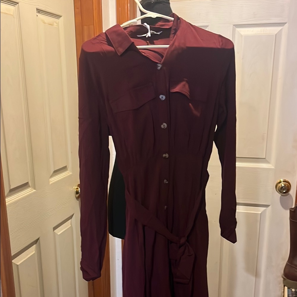 Burgandy Long Sleeve Notched Collar Shirt Dress